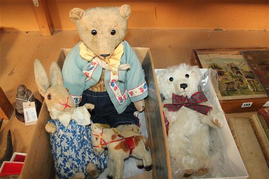 An early 1900s teddy bear, Steiff pony, rabbit and 2 modern bears